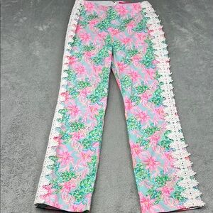 Lilly Pulitzer 4 Linen Blend Floral Straight Leg Pants - Pink, Green, White